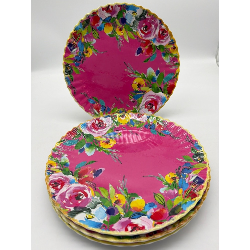 Pier 1 Imports Bright Pink Floral Melamine Plates 10.5" Set Of‎ 4